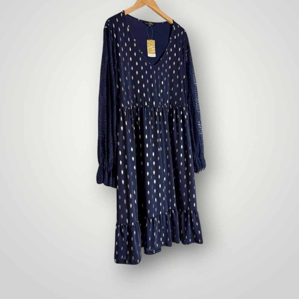 Suzanne Betro Gold Leaf Print Empire Dress Sz 1X Lace Sleeve Ruffle Cuff Pockets - Picture 3 of 8